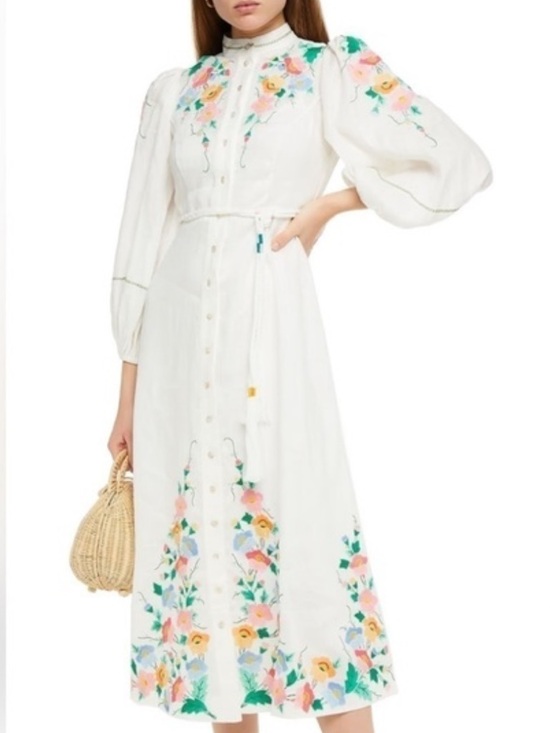 Zimmermann Dresses & Skirts - Zimmermann Floral Embroidered Linen Vyshyvanka Dress Bubble Sleeve Belted 0P